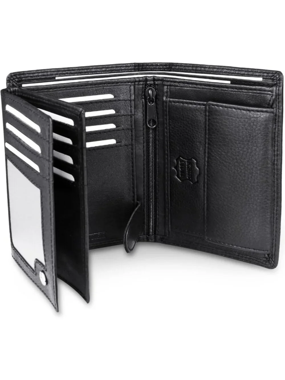 Men's Trifold Leather Wallet - RFID Protection, 15 Card Slots, Black, Stylish